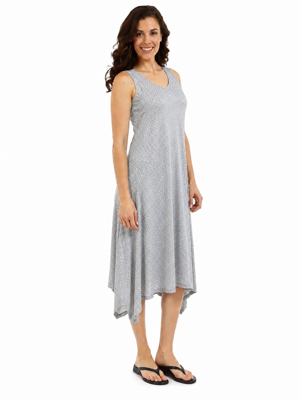 DKR Apparel Long V-Neck Asymmetrical Dress-Powder Blue/Black Print